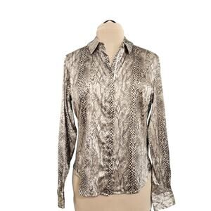 Burns Womens Size 10 Silk Snakeskin Print Button Down Blouse Long Sleeve Tan
